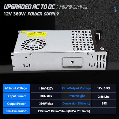 Image of AC to DC 12V 30A 360W Power Supply, Silver, 1 Item, Switching Universal Regulated Converter, AC 110V 220V to DC 12V, SMPS Transformer Driver Adapter for LED Strip Light, CCTV Camera, RV