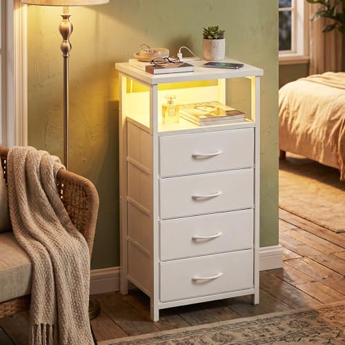 Image of Fixwal Tall Nightstand with Charging Station, Night Stand with U-S-B Ports and Outlets, 4 Fabric Storage Drawers with PU Finish, Small Dresser Bed Side Table, White