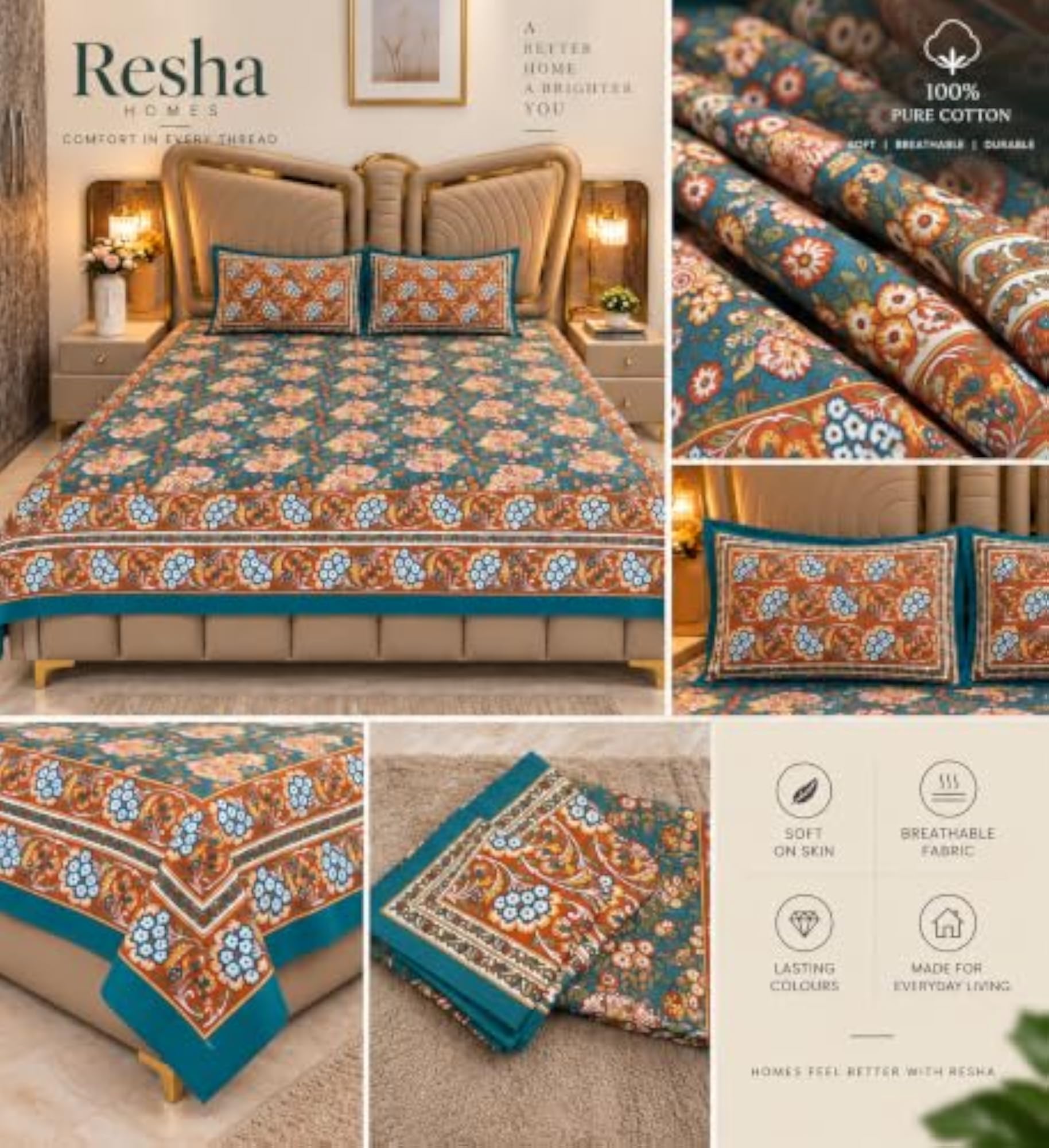 Teal Floral Printed Double Bedsheet with 2 Pillow Covers