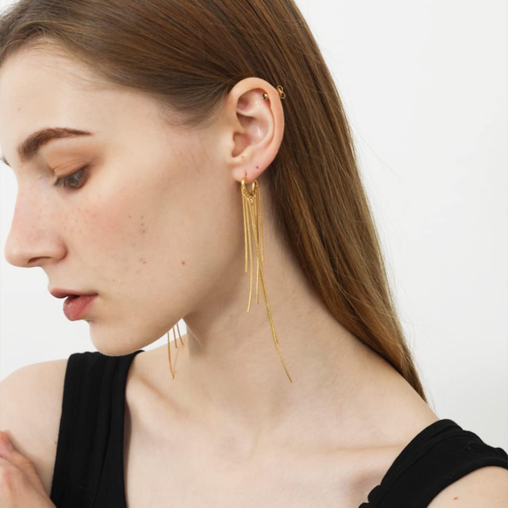 Kesaplan Women's Sterling Silver Dangle Tassel Earrings, 925 Silver Chandelier Earrings, Long Gold Tassel Earrings, 4.5 in - Image 4