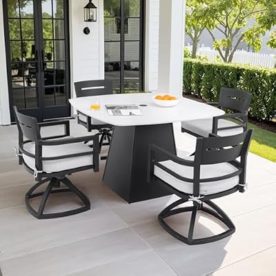 Hassyee 5-Piece Outdoor Dining Set with Soft Cushions and Square Sintered Stone Table for Backyard, Poolside, 4 Swivel Chairs and Table Set with Sturdy Aluminium Frame for Balcony