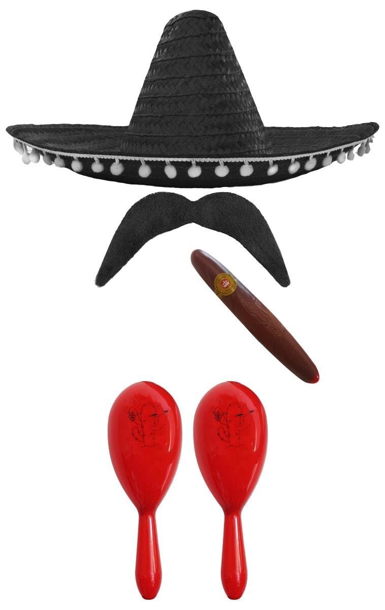 Adults Mexican Accessory Set - Green Mexican Sombrero, Red Maracas, Fake Cigar, Moustache - Mexican Cinco de Mayo Sensorita Bandit Mariachi Fancy Dress Costume Accessory Set