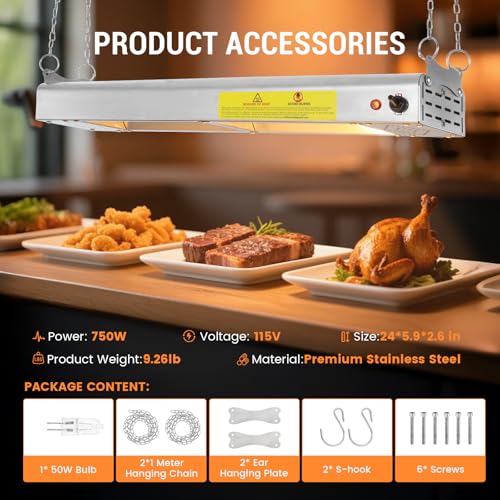 24-Inch Food Heat Lamp, 750W Commercial Food Warmer Lamp Electric Strip Heater Overhead Stainless Steel Heat Lamps for Buffet Restaurant Parties Catering, Sliver 115V