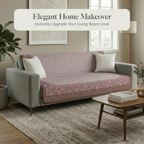 Image of Kuber Industries Net Cotton 3 Seater Long Seat Sofa Cover Set for Dust Protecter | Couch Cover for Living Room, Home | Rajasthani Border Malibu 1351 - Brown
