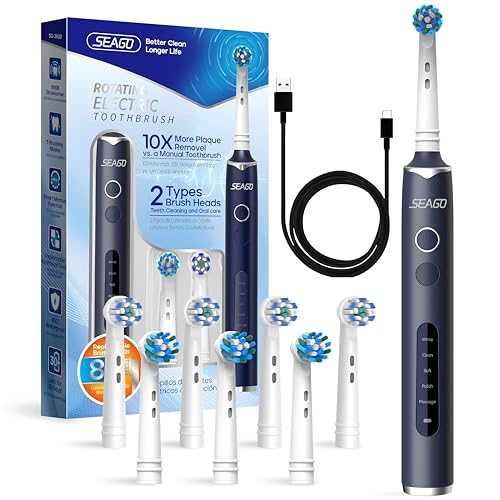 Seago Cepillo Eléctrico, Cepillos de Dientes Eléctricos de Rotación con 2 Botones, 5 Modos y 8 Cabezales, Temporizador Inteligente, SG2603, Azul