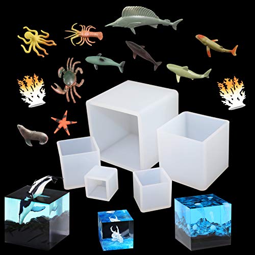 5 Pieces Square Silicone Resin Mold Large Cube Silicone Molds Silicone Casting Mold with 12 Pieces Shark Shells Models for Landscape Decoration DIY Crafts Pendants