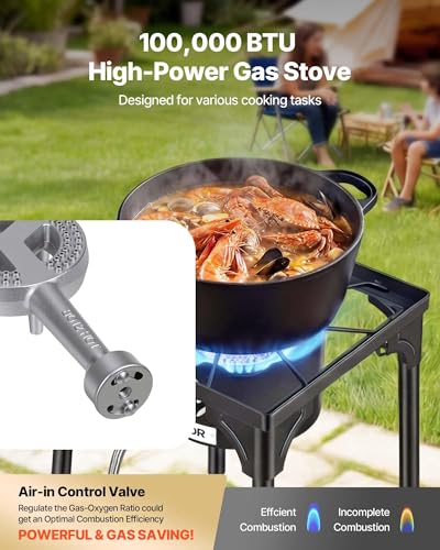 Image of VEVOR Single Burner Outdoor Propane Gas Stove, 100,000 BTU Propane LPG Gas Camping Stove, Heavy Duty Carbon Steel Outdoor Cooker, with Tall Stand & PSI Regulator, for BBQ Camp Home Patio RV Cooking