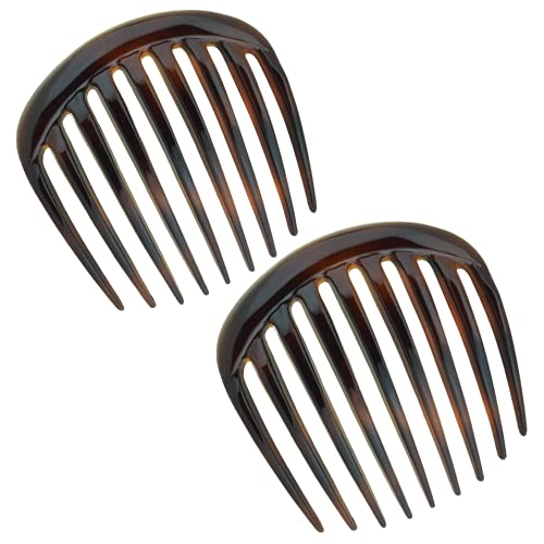 Parcelona French Medium Sleek Edge Tortoise Shell Brown 3" Set of 2 Celluloid Acetate Strong Hold No Slip Tight Grip Side Hair Comb for Women and Girls, Made in France