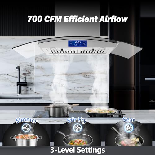 Image of Tieasy Island Range Hood 36 inch 700 CFM Ceiling Mount Kitchen Stove Hood Ducted with Tempered Glass 4 LED Lights Touch Control 3 Speed Fan Permanent Filters