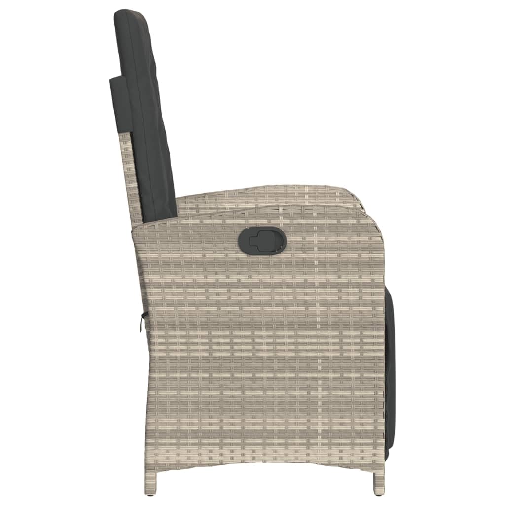 Set da 3 pezzi in polyrattan grigio chiaro con cuscino, schienale regolabile e poggiapiedi, fodere rimovibili e lavabili, telaio in acciaio verniciato a polvere, per giardino e balcone