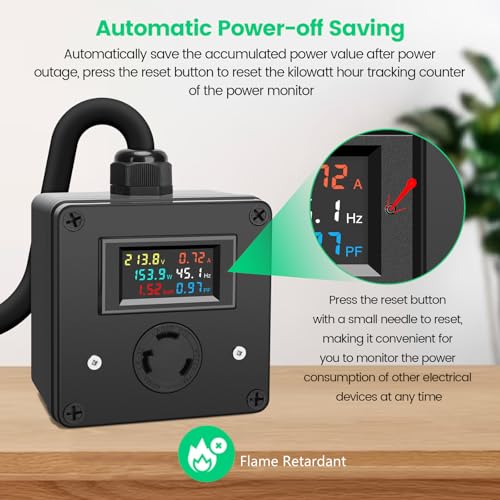 Image of AC Power Meter with Color LCD Digital Display Screen and NEMA L6-30 Plug, 120-240V 30A, Real-Time Monitoring of Voltage, Current, Power, Energy, Frequency, and Power Factor