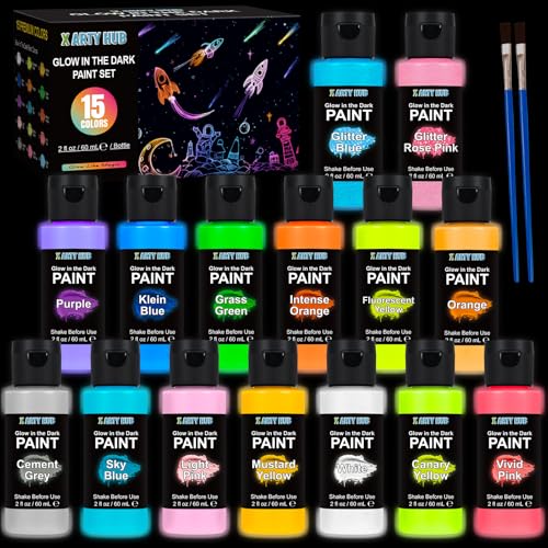 X ARTY HUB Glow in the Dark Paint, 15 Neon Colors (2 fl.oz/bottle) with 2 Brushes, UV Fluorescent & Long Lasting Luminous Acrylic Paint set for Fabric, Rocks, DIY Crafts, Wall Art, Outdoor Decor