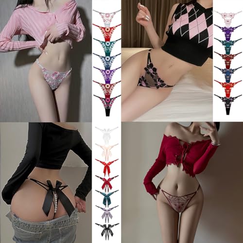 G String Thongs for Women Sexy Assorted Floral Lace Bow-Knot Panties Variety Pack Adjustable T-Backs Tangas2