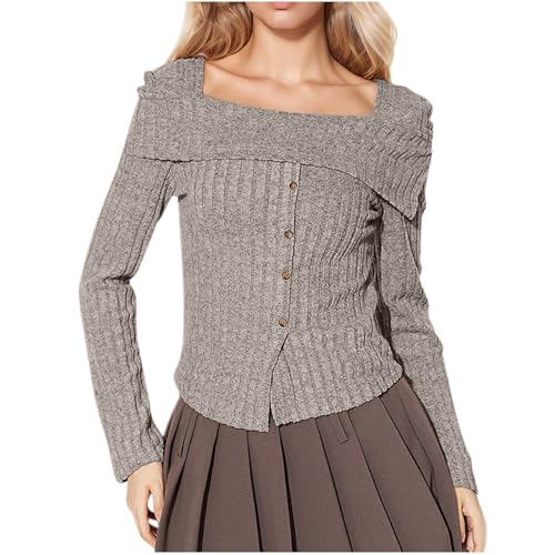 Going Out Tops for Women Fall Fashion 2024 Lapel Square-Neck Long Sleeve Knitted Sweaters Y2k Teen Girls Crop Tops