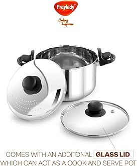 Praylady 5.0L Stainless Steel Strainer Pot with Glass Lid (24 CM) – Induction Base Multi-Purpose Cooking Pot for Pasta, Rice, Noodles, Vegetables – Pasta Pot, Anti-Locking, Dishwasher Safe