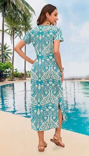 Image of MISFAY Womens Maxi Dress Short Sleeve V Neck Loose with Pockets | Soft stretchy breathable, v neck loose fit, side split hem, two side pockets, casual daily beach vacation travel dress