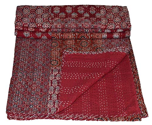 YUVANCRAFTS Couvre-lit indien Kantha fait à la main - Couvre-lit bohème vintage Gudari Kantha (rouge AJRAKH)