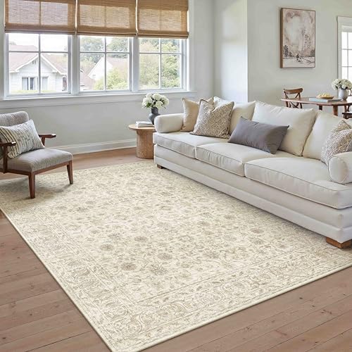 PureCozy Vintage Teppich Wohnzimmer 140x200cm Beige Schlafzimmer Wohnzimmerteppich Waschbarer rutschfest Carpet Boho Bettvorleger Esszimmer BüRo Weich Kurzflor Groß Teppiche Akzent Beige 140