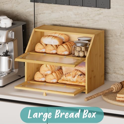 Vriccc Large Bread Box for Kitchen Counter, Large Bamboo Wood Double Layer Bread Box, Wooden Bread Storage Capacity