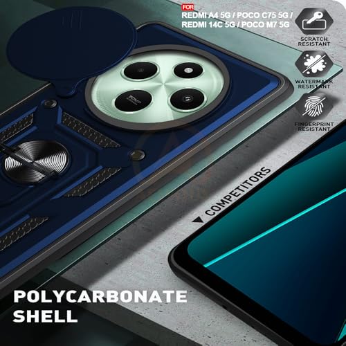 Image of Armor Bumper Back Cover Case for Redmi A4 5G / Redmi 14C 5G / Poco C75 5G / Poco M7 5G Rotating Camera Cover, Ring Holder & Kickstand | Heavy Duty & 360 Degree Protection Back Cover (Blue)