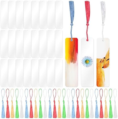 50 Pcs Acrylic Blanks Bookmark with Tassels, Clear Unfinished Acrylic Craft Bookmarks Transparent Blank Book Markers for DIY Projects Graduation Gift Retirement Gift (25 Bookmark + 25 Tassels)