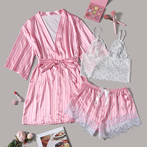 HGps8w Sleepwear for Women 3 Piece Stripe Satin Pajama Set Lingerie Lace Cami Pj Set Sexy V Neck Cami Top with Robe3