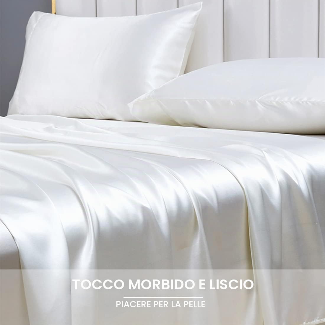 4 Pezzi Completo Lenzuola Raso Matrimoniale Set Tinta Unita Biancheria da Letto Satin 200x200+Angolo 36 cm con Lenzuolo Sopra, Lenzuola Sotto con Angoli, 2 Federa, Avorio