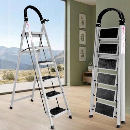 Image of Casa Copenhagen White 6 Step Ladder for Home Use with Built-in Tool Tray | Heavy Duty D Shape Rods | Ultra Large Platform | 150Kg Capacity Foldable Ladder - 7 Years Warranty
