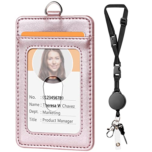 Leather Badge Holder and Adjustable Retractable Lanyards, Rose Gold