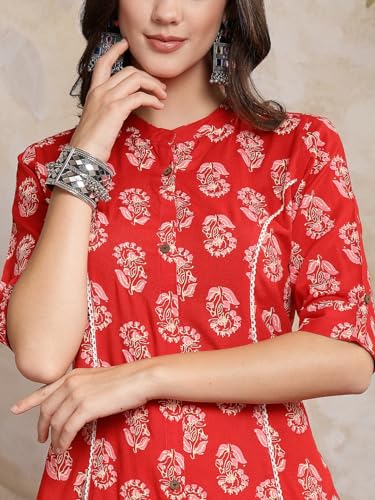 Image of Stylum Women's Pink Floral Printed Rayon A-Line Kurta