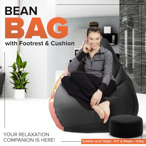 Image of Amazon Brand - Solimo Premium Faux Leather Bean Bag Combo with Footrest & Cushion, Filled with Beans | Capacity: Upto 6 Ft 3 in Height, 120 KG Weight | 4XL | Keep Kaam Se Kaam | Black