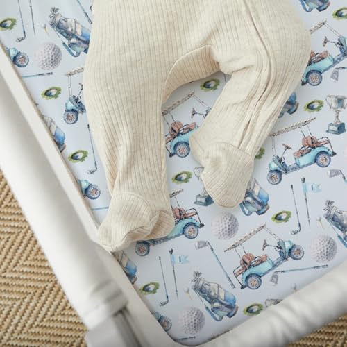 Image of Baby Boys Standard Crib Sheet Covers Golf Gear Sport, Watercolor Blue Ball Glove Car Stick Snug Fitted Toddler Mattress Sheet, Soft Stretchy Breathable Kids Nursery Bed Decor Gift 52 x 28