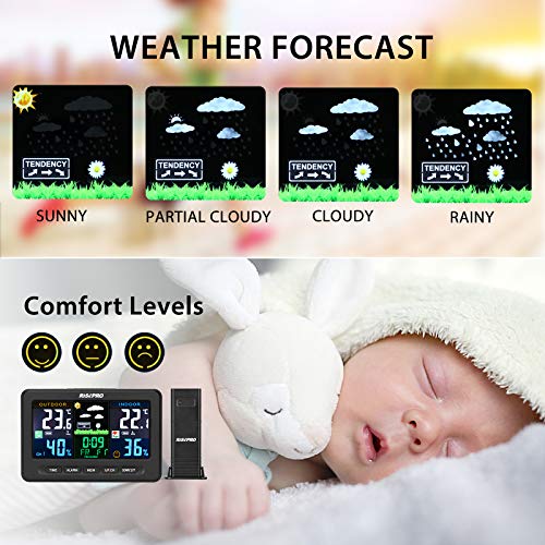 RISEPRO Wireless Weather Station with Outdoor Remote Sensor in/Out Temperature and Humidity Alarm Clock Calendar Thermometer Forecaster with Color LCD Display