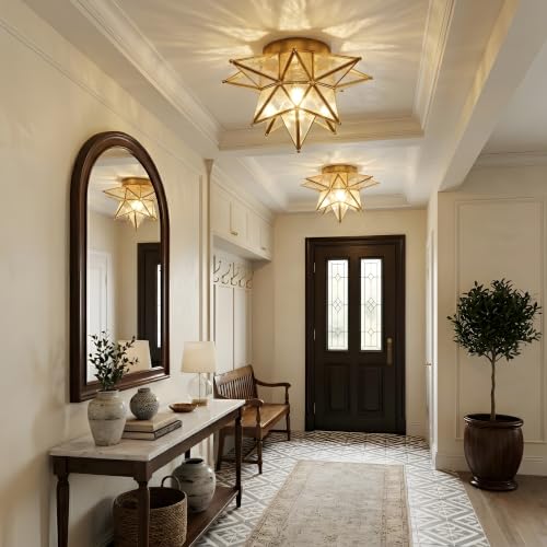 Image of Moravian Star Ceiling Light, Hammered Clear Glass, Brass Finish