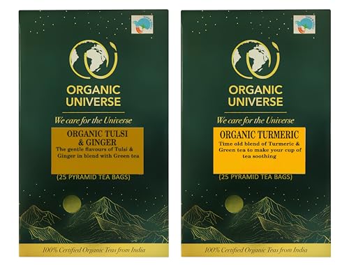 Image of ORGANIC UNIVERSE Organic Ginger and Lemon Tea Whole Leaf Tea Combo | Pack of 2, 50 Pyramid Tea Bags | Aromatic Flavours | 100% Organic Ingredients