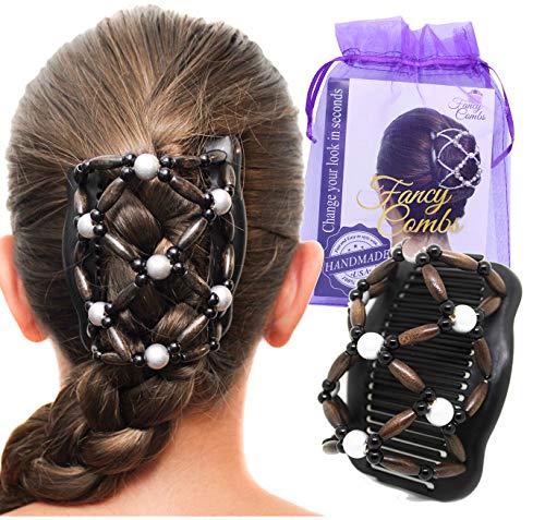 Fancy Combs Thick Hair Clip Bun Holder - Hair Accessories for Women Combs Clips - Natural Wooden Beaded Double Magic Hai