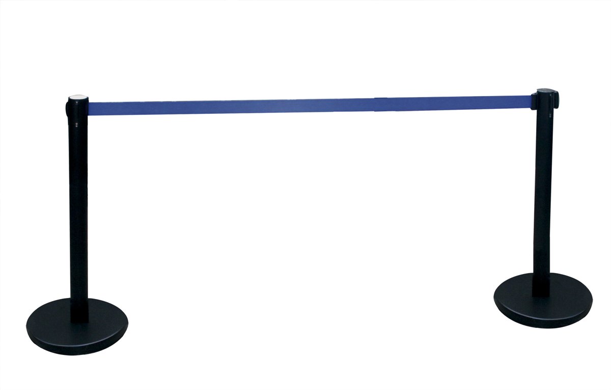 ADO Poste separador de hierro lacado negro con Cinta Extensible Azul 3m Delimitador de paso retráctil