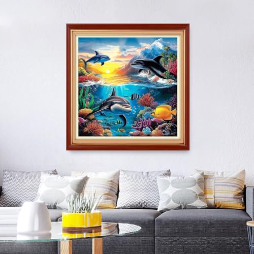 Image of Foxhool Stamped Cross Stitch Kits,11CT Printed Cross Stitch Pattern Full Embroidery Kits for Beginner Needlepoint Kits&Marine Animal World 18x18 inch