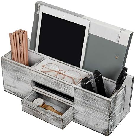 Liry Products Whitewashed Wooden Desktop Organizer Multiple Compartments Rack Shelf Drawer Tabletop Wood Storage Cabinet Office Supplies Caddy Document Stationery Holder Accessory Sorter Vanity Home