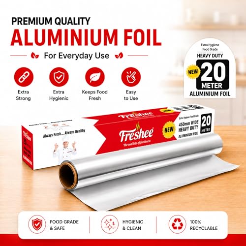 Image of Freshee 20m Heavy Duty Aluminium Foil Roll 45cm Extra Wide Silver 18 Micron Thick, Food Wrapping Paper roll, Kitchen, Disposablel for Food Delivery, Keeps Food Fresh & Hot for Long
