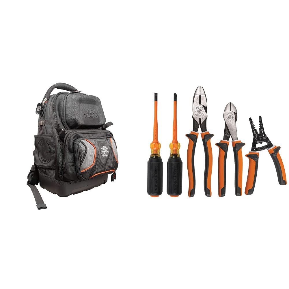 Klein Tools 55485 Tool Bag Backpack Durable Electrician Backpack with 48 Pockets for Hand Tools Waterproof Bottom Removable