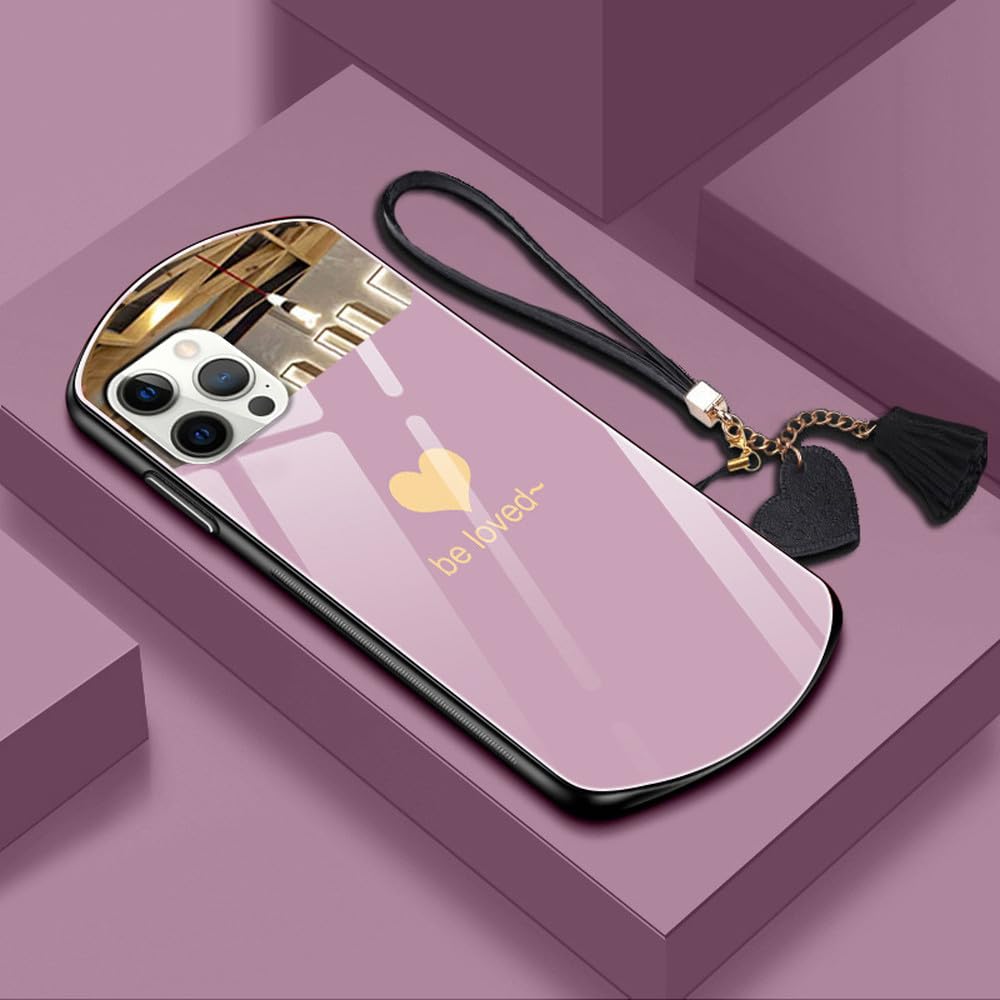 Coque cœur en verre pour iPhone 13 Pro Max rose avec lanière - 7