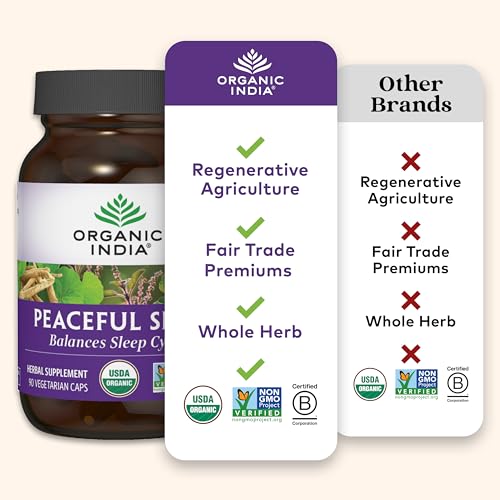 ORGANIC INDIA Peaceful Sleep Herbal Supplement - Deep Sleep Aid, Herbal Sleep Aid for Adults, Natural Sleep Aid Without Melatonin, Supports Sleep Cycles, USDA Certified Organic, Non-GMO - 90 Capsules - Image 6