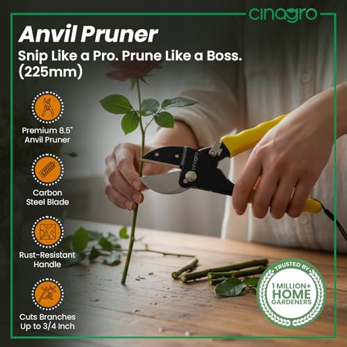 Image of Cinagro 8.5 Inch Anvil Pruner, Ultra Sharp Hardened Steel Blade, Cuts Up to 3 /4 Inch Branches, Garden Hoses or PVC Pipes, Full Metal Body, Anti-Slip Ergonomic Grip, Single-Hand Lever Operation