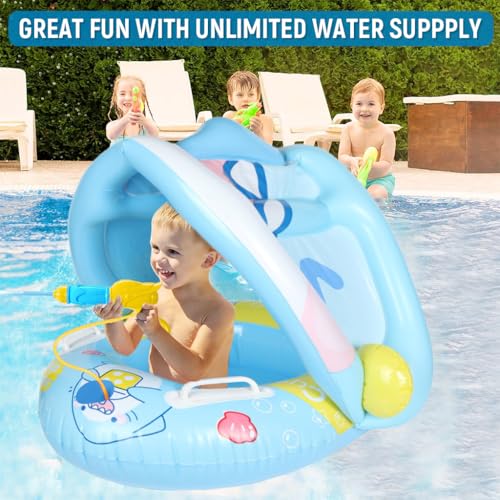 Image of PATPAT Thicken Inflatable Kids Pool Float with Canopy Detachable, Pirate Ship Floaties with Captain & Water Gun, Swimming Pool for Boys & Girls Suitable Child for 3-6 Year Olds