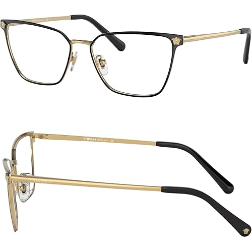Versace VE1275 54mm Non-Polarized Glasses for Women - Matte Black & Gold Pillow Metal Frame with Gold Temples, Lightweight & Comfortable Eyeglasses for Prolonged use, eShades Eyewear Kit Included