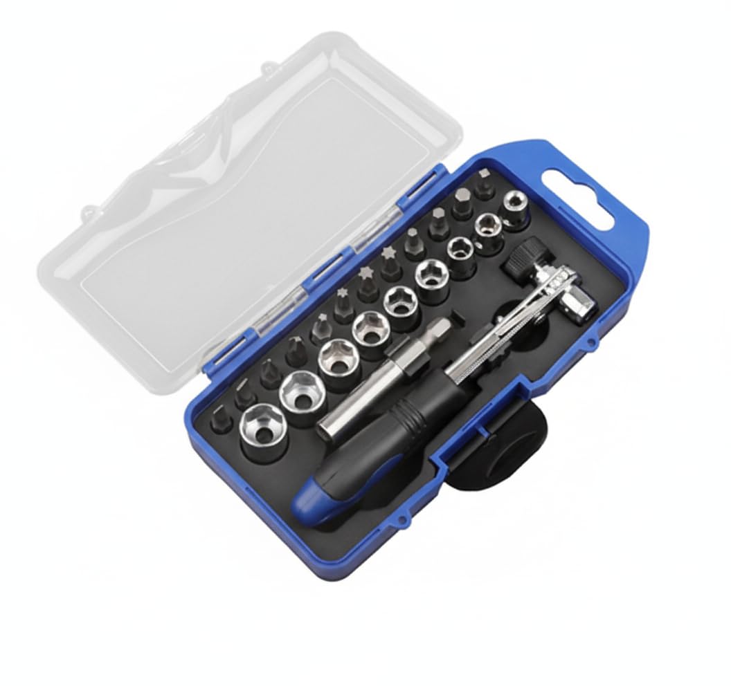 23-Piece Ratchet Screwdriver & Socket Set - 1/4" Drive Mini Ratcheting Wrench Kit with Metric Sockets (4-12mm), Magnetic Extension & S bits - Portable Repair Tool Box for Home, Bike & Auto
