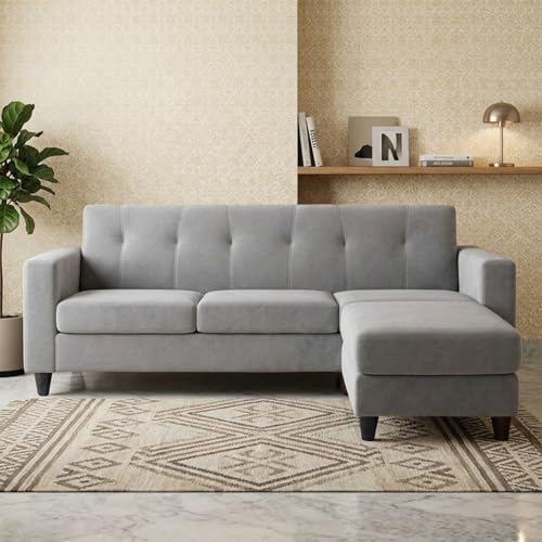 Image of Homeboy 4 Seater L Shape Sofa Set with Movable Ottoman | Flexible Left or Right Layout | Luxe Velvet Suede Fabric | Comfortable Seating | Modern Sofa for Living Room -Light Gray