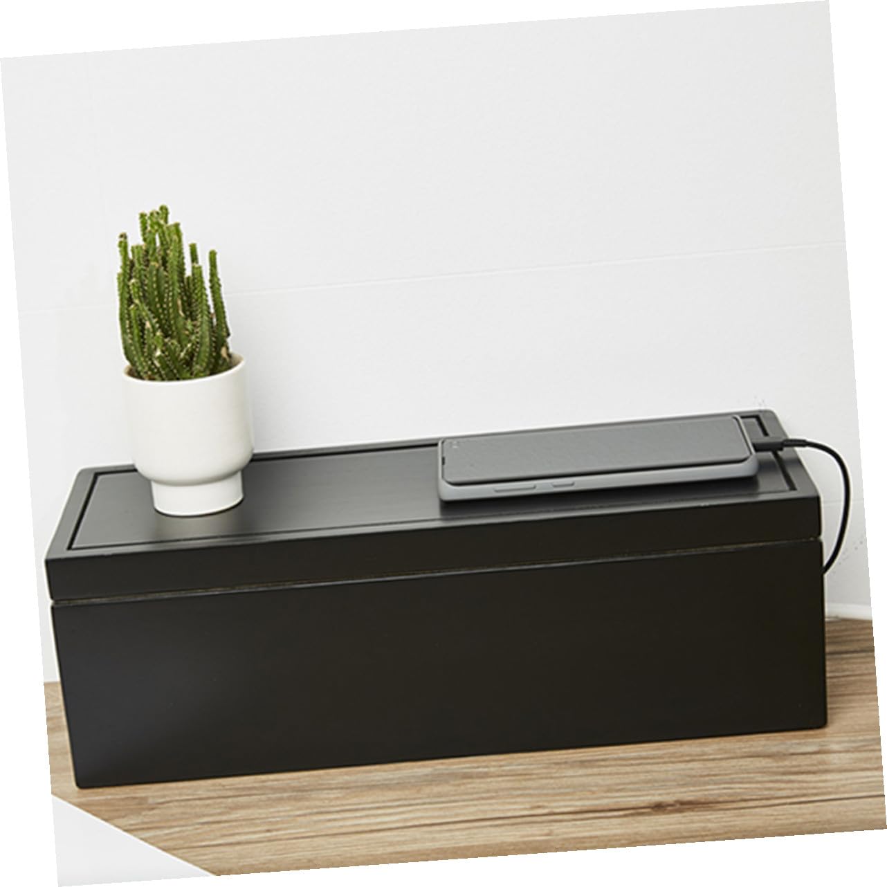 TOPBATHY Caja de Almacenamiento de Cables Grande de Madera Maciza Negra, Organizador para Enchufes y Cargadores, Ranuras para Gestión de Línea Eléctrica en Hogar y Oficina