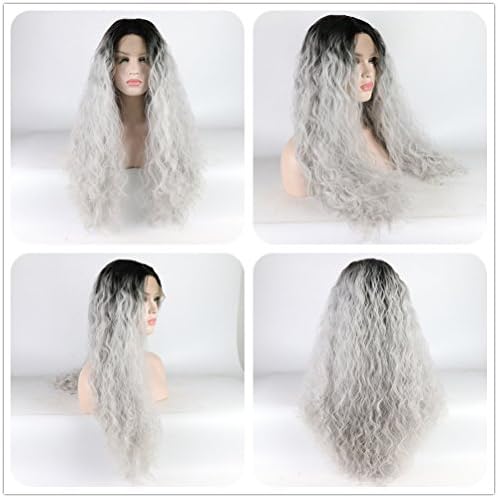 Loose Curly Lace Front Wigs Long Ombre Grey Synthetic Wig Loose Curl Silver Grey Black Roots Glueless Lace Wigs Heat Resistant Fibers Half Hand Tied Middle Parting For Women 24 Inches Hair (Ombre Silv
